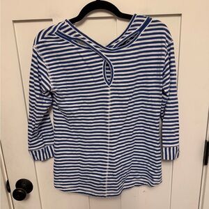 T By Talbots Blouse Womens XS Striped Blue & White 3/4 Sleeve Top Cotton